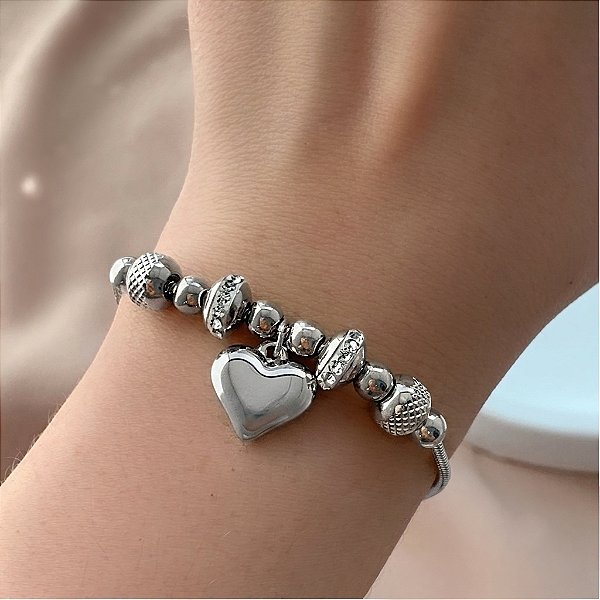 PULSEIRA ESTILO PANDORA CORAÇÃO BOLEADO E ZIRCÔNIA AÇO 316L⭐️