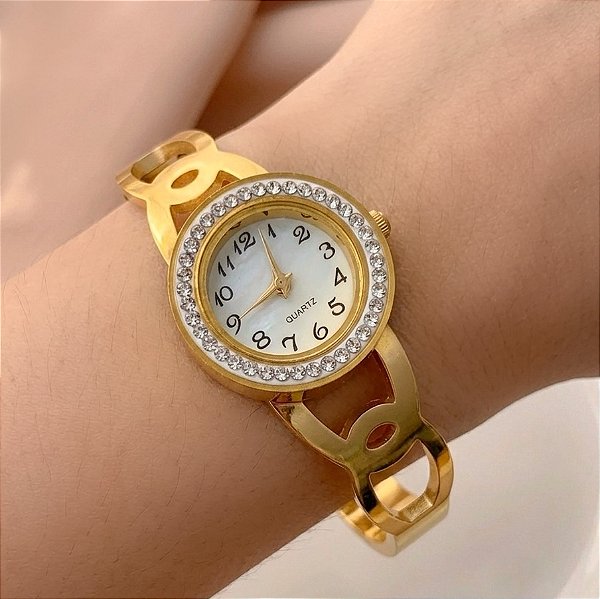 BRACELETE RELÓGIO ELOS E ZIRCÔNIAS DOURADO AÇO 316L⭐️