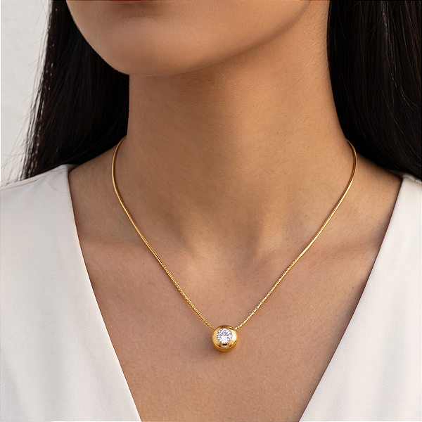COLAR PINGENTE REDONDO COM PEDRA DE ZIRCÔNIA DOURADO AÇO 316L⭐️