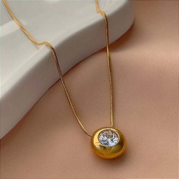 COLAR PINGENTE REDONDO COM PEDRA DE ZIRCÔNIA DOURADO AÇO 316L⭐️
