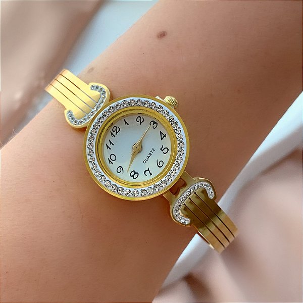 BRACELETE RELÓGIO FIVELA ZIRCÔNIAS DOURADO AÇO 316L⭐️
