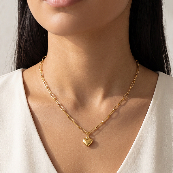 COLAR CORRENTE CARTIER PINGENTE CORAÇÃO BOLEADO DOURADO AÇO 316L⭐️