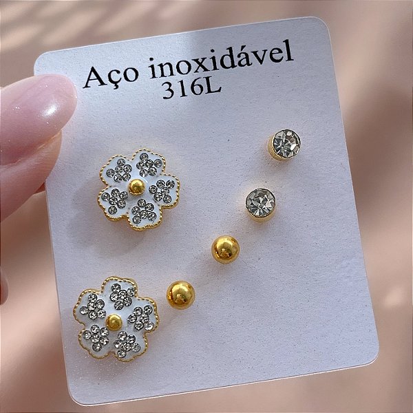 BRINCO KIT FLOR ZIRCÔNIA DOURADO AÇO 316L⭐️