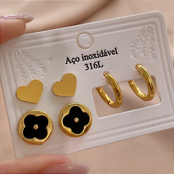 BRINCO KIT CORAÇÃO E TREVO ESMALTADO DOURADO AÇO 316L⭐️
