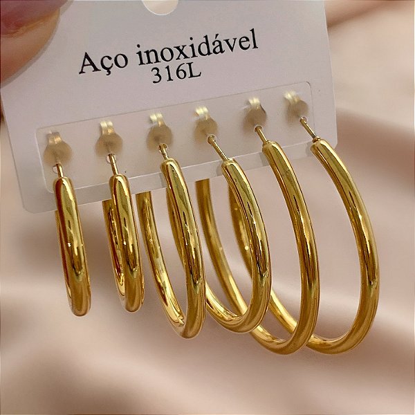 BRINCO KIT ARGOLAS FIO BOLEADAS GROSSA DOURADO AÇO 316L⭐️