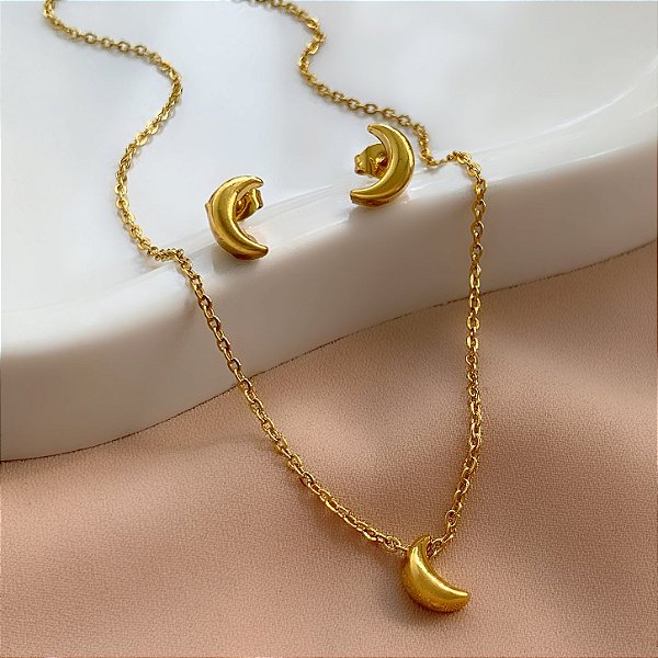 COLAR E BRINCO KIT LUA BOLEADA DOURADO AÇO 316L⭐️
