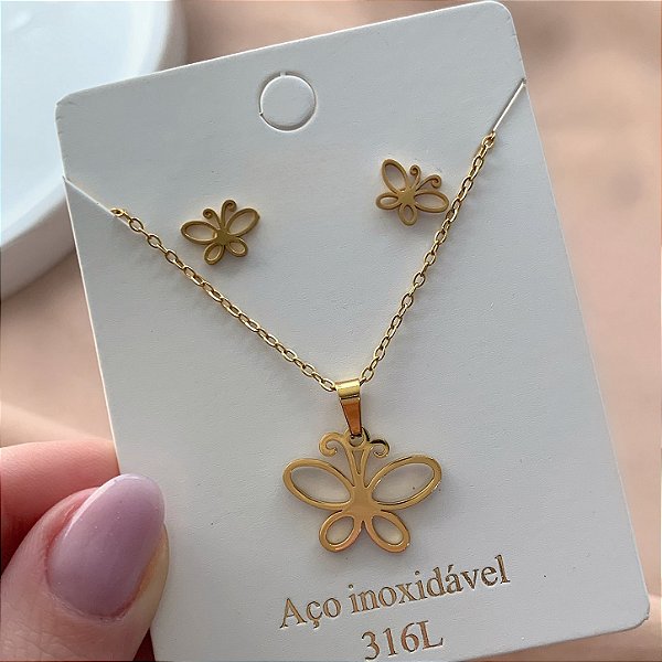 COLAR KIT BORBOLETA VAZADO DOURADO AÇO 316L⭐️