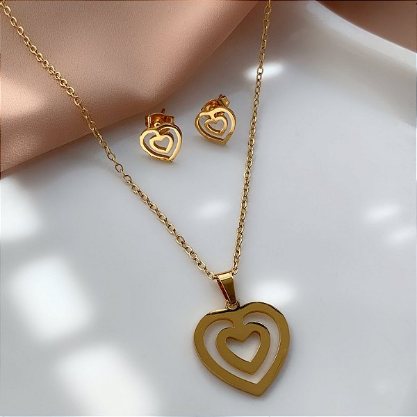 COLAR KIT CORAÇÃO DUPLO VAZADO DOURADO AÇO 316L⭐️