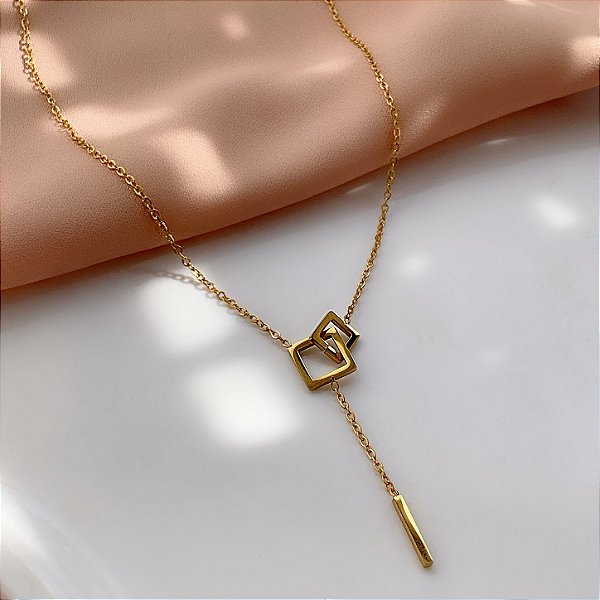 COLAR ESTILO GRAVATINHA QUADRADINHOS DOURADO AÇO 316L⭐️