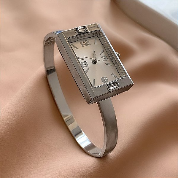 BRACELETE RELÓGIO RETANGULAR MINIMALISTA PRATEADO AÇO 316L⭐️