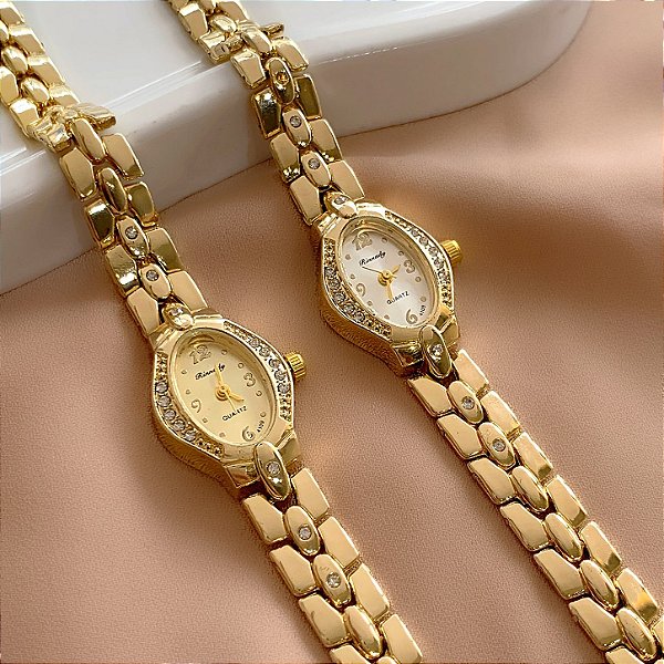 RELÓGIO FEMININO OVAL COM STRASS DOURADO BIJU
