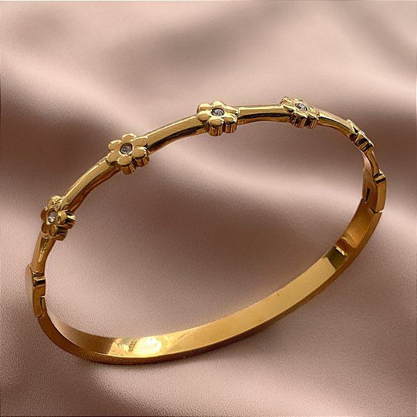 PULSEIRA / BRACELETE FILEIRA FLORZINHAS COM STRASS DOURADO AÇO 316L⭐️