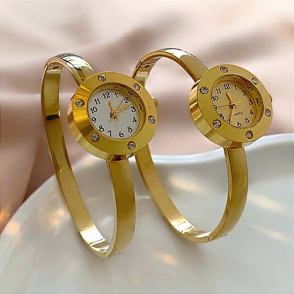BRACELETE RELÓGIO REDONDO PEQUENO COM STRASS DOURADO AÇO 316L⭐️