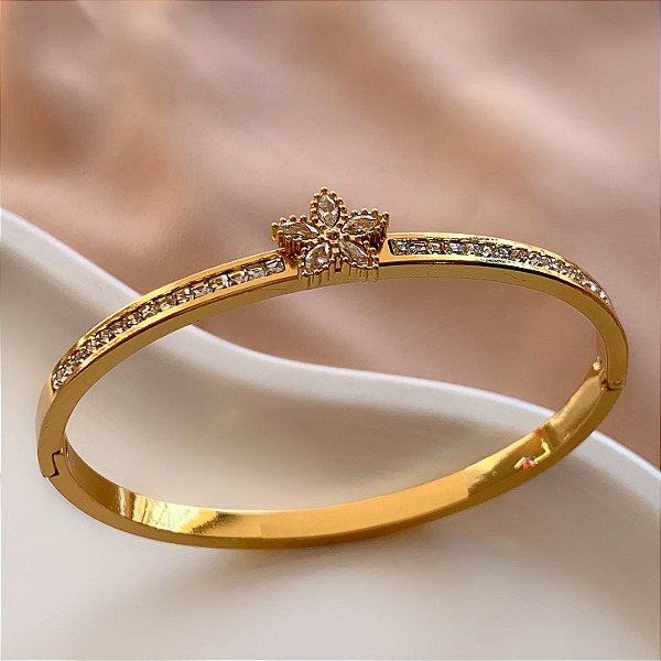 PULSEIRA / BRACELETE FLOR E RIVIERAS DOURADO AÇO 316L⭐️