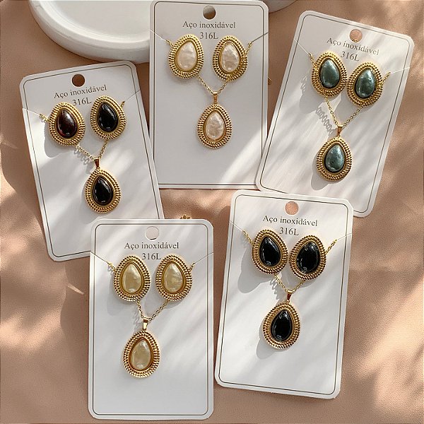 CONJUNTO COLAR E BRINCO GOTA COM PEDRA PEROLADA DOURADO AÇO 316L⭐️