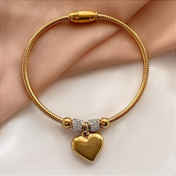 PULSEIRA / BRACELETE ARO PINGENTE CORAÇÃO DOURADO AÇO 316L⭐️