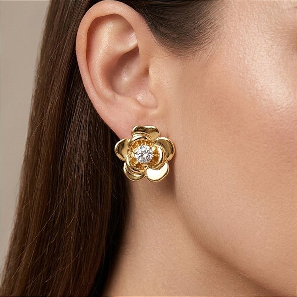 BRINCO FLOR COM PEDRA ZIRCÔNIA DOURADO AÇO 316L⭐️