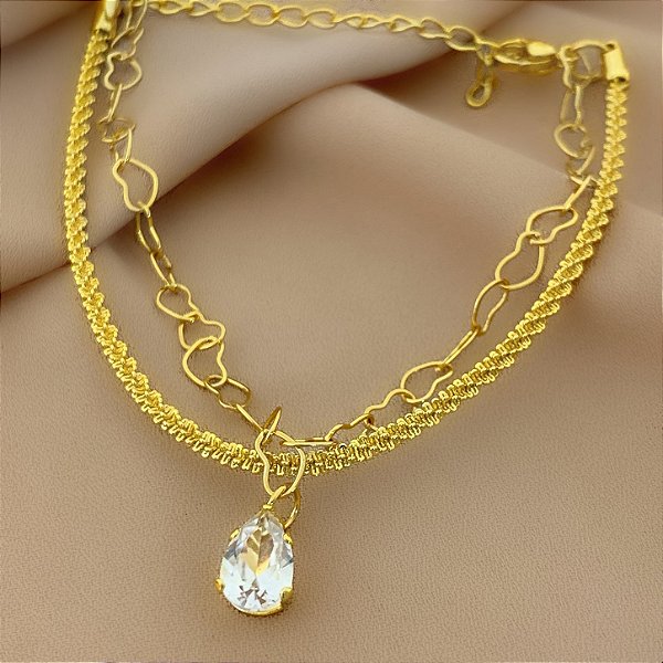 PULSEIRA CORRENTE DUPLA CORAÇÕES PINGENTE GOTA ZIRCÔNIA DOURADO AÇO 316L⭐️