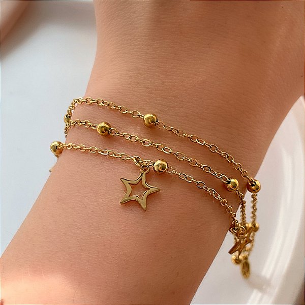 PULSEIRA CORRENTE TRIPLA BOLINHAS E ESTRELAS DOURADO AÇO 316L⭐️