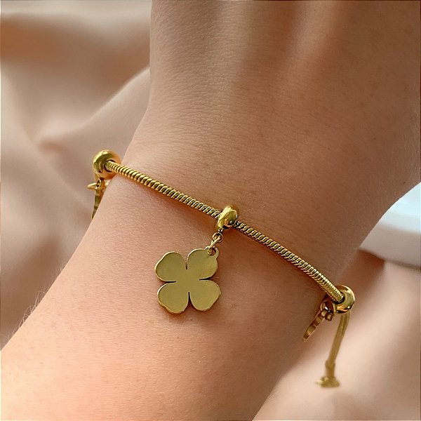 PULSEIRA CORRENTE RABO DE RATO TREVOS LISOS DOURADO AÇO 316L⭐️