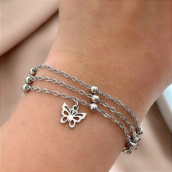 PULSEIRA CORRENTE TRIPLA BOLINHAS E BORBOLETAS AÇO 316L⭐️