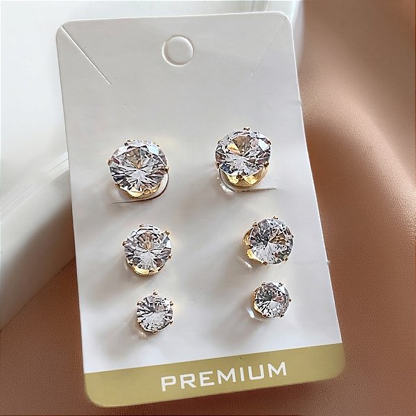 TRIO DE BRINCOS PEDRAS ZIRCÔNIAS FOLHEADO A OURO 18K ⭐️