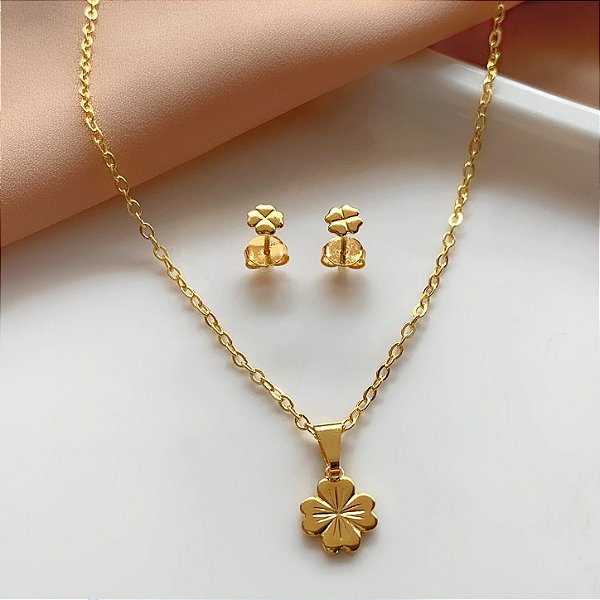 COLAR BRINCO KIT INFANTIL TREVINHO FOLHEADO A OURO 18K⭐️