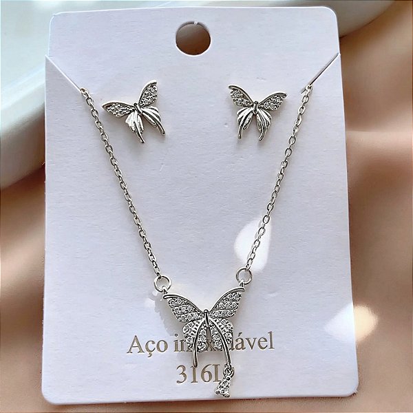CONJUNTO COLAR E BRINCO BORBOLETAS MINI ZIRCÔNIAS AÇO 316L⭐️