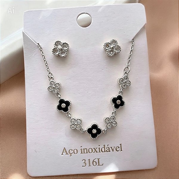 CONJUNTO COLAR E BRINCO TREVOS RESINADOS E ZIRCÔNIAS AÇO 316L⭐️