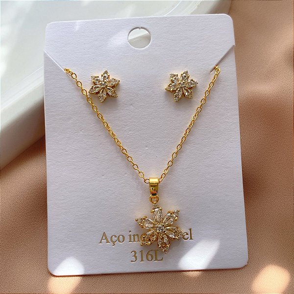 CONJUNTO COLAR E BRINCO FLOR COM PEDRA ZIRCÔNIA DOURADO AÇO 316L⭐️
