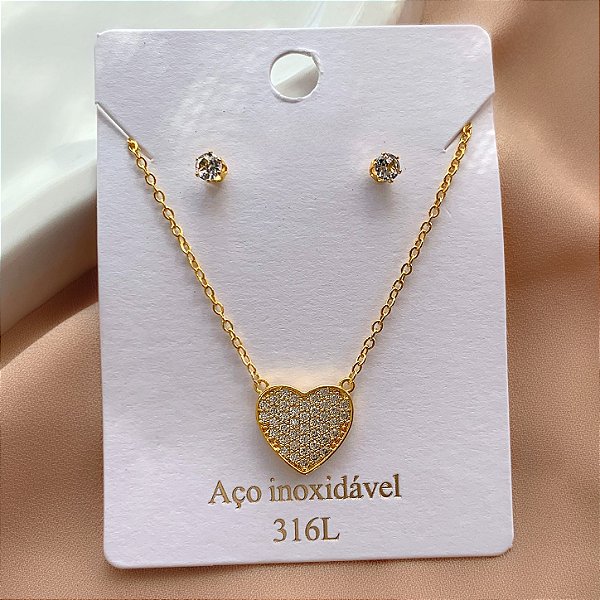 CONJUNTO COLAR E BRINCO CORAÇÃO CRAVEJADO MINI ZIRCÔNIAS DOURADO AÇO 316L⭐️