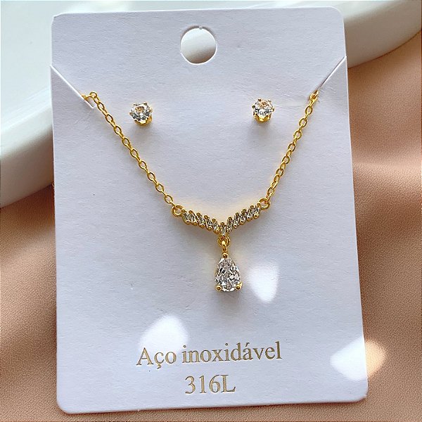CONJUNTO COLAR E BRINCO GOTA PEDRA ZIRCÔNIA DOURADO AÇO 316L⭐️