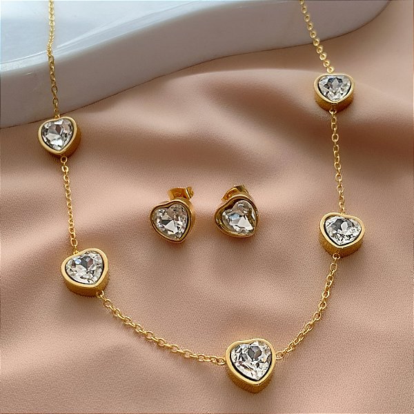 CONJUNTO COLAR E BRINCO CORAÇÕES G PEDRA ZIRCÔNIA AÇO 316L⭐️