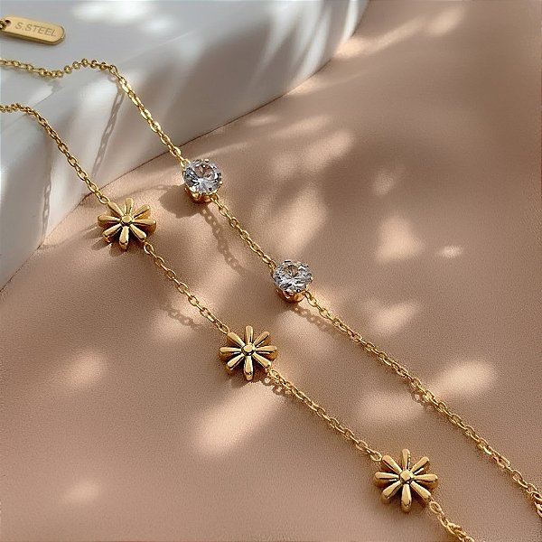 PULSEIRA CORRENTE DUPLA MARGARIDAS E ZIRCÔNIAS DOURADO AÇO 316L⭐️