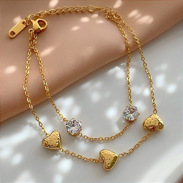 PULSEIRA CORRENTE DUPLA CORAÇÕES E ZIRCÔNIAS DOURADO AÇO 316L⭐️