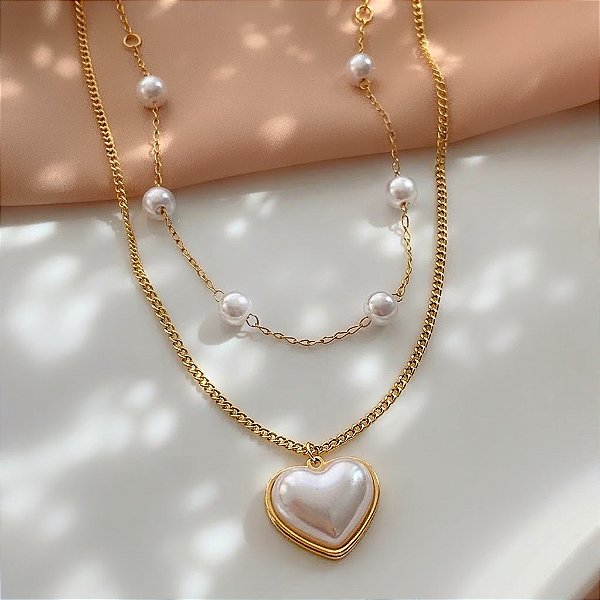 COLAR DUPLO PÉROLAS E CORAÇÃO DOURADO AÇO 316L⭐️