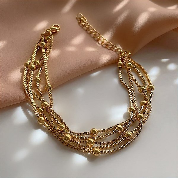 PULSEIRA 5 CORRENTES BOLINHAS DOURADO AÇO 316L⭐️