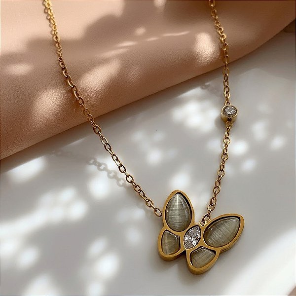 COLAR BORBOLETA PEDRA OLHO DE GATO DOURADO AÇO 316L⭐️