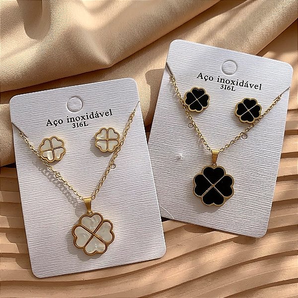 CONJUNTO COLAR E BRINCO TREVO ESMALTADO DOURADO AÇO 316L⭐️