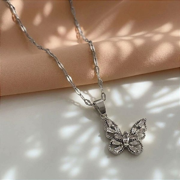 COLAR LONGO PINGENTE BORBOLETA ZIRCÔNIAS AÇO 316L⭐️
