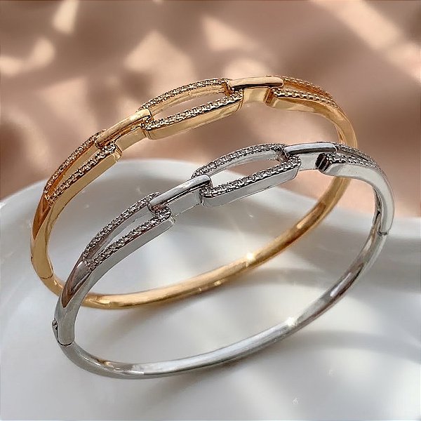 PULSEIRA /BRACELETE ELOS RETANGULARES COM ZIRCÔNIAS BIJU