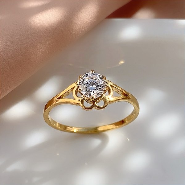 ANEL FLOR PEDRA ZIRCÔNIA DOURADO AÇO 316L⭐️