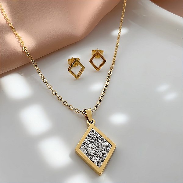 CONJUNTO COLAR E BRINCO LOSANGO COM ZIRCÔNIAS DOURADO AÇO 316L⭐️