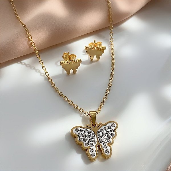 CONJUNTO COLAR E BRINCO BORBOLETA DETALHADA COM ZIRCÔNIAS DOURADO AÇO 316L⭐️