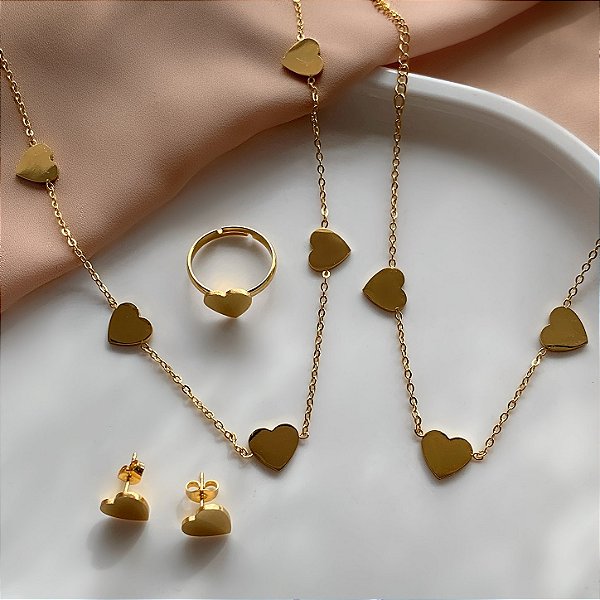 CONJUNTO 4 ACESSÓRIOS CORAÇÕES DOURADO AÇO 316L⭐️