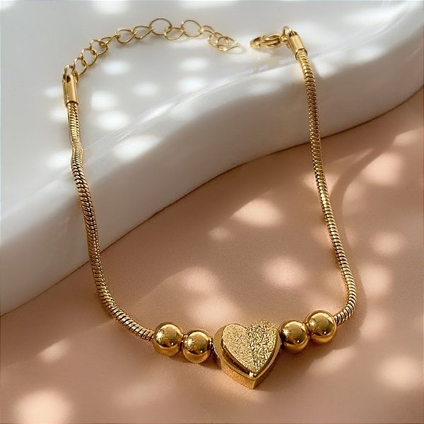PULSEIRA CORRENTE RABO DE RATO CORAÇÃO TEXTURIZADO E BOLINHA DOURADO AÇO 316L⭐️