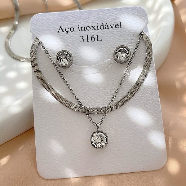 CONJUNTO BRINCO E COLAR DUPLO FITA E PINGENTE REDONDO ZIRCÔNIA AÇO 316L⭐️