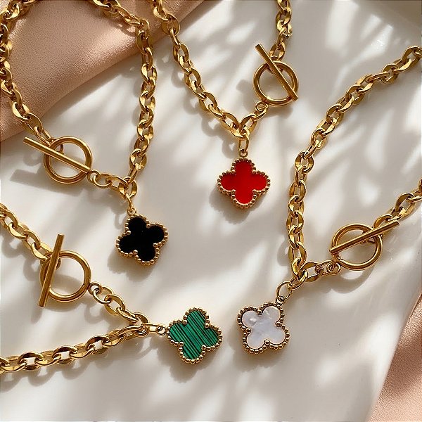 PULSEIRA ELOS GROSSOS FECHO T PINGENTE TREVO ESMALTADO DOURADO AÇO 316L⭐️
