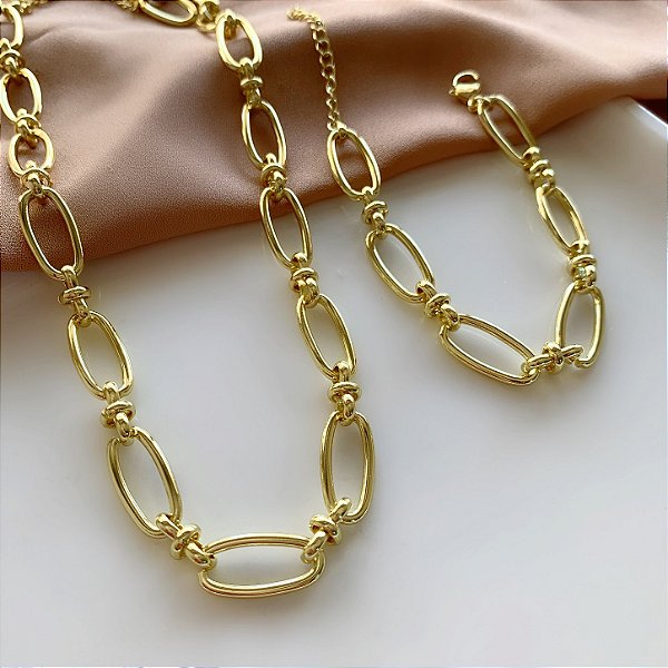 CONJUNTO COLAR E PULSEIRA CORRENTE ELOS OVAIS DOURADO AÇO 316L PREMIUM⭐️
