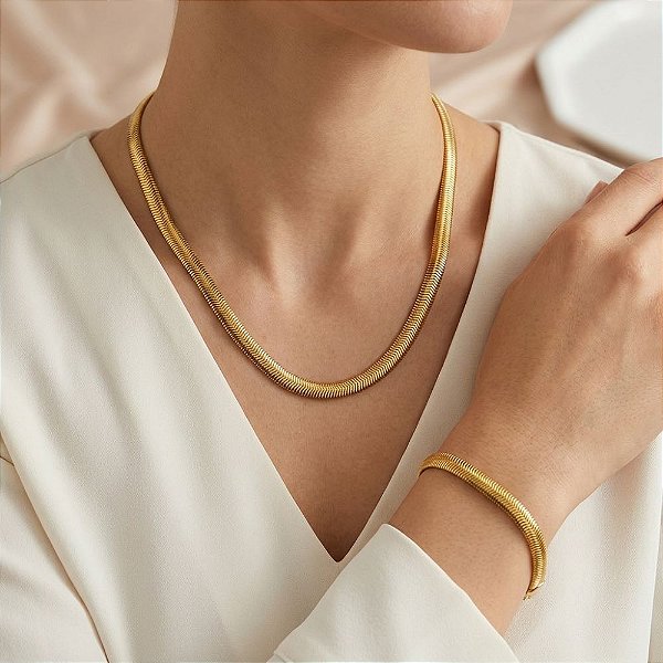 CONJUNTO COLAR E PULSEIRA CORRENTE COBRA GROSSA DOURADO AÇO 316L PREMIUM⭐️